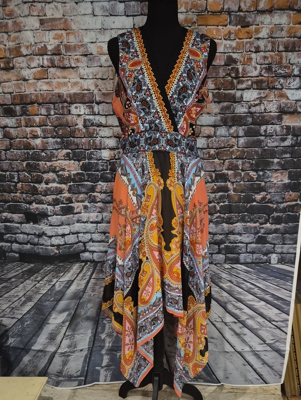 Signature by Robbie Bee Coral, Black & Blue Paisley Asymmetrical Dress